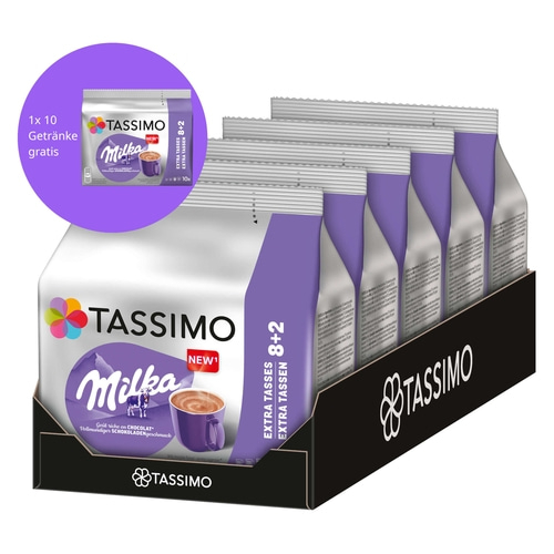 Tassimo Milka Schokoladengetränke, 10 Getränke gratis, 8+2 Extra Tassen, Packung