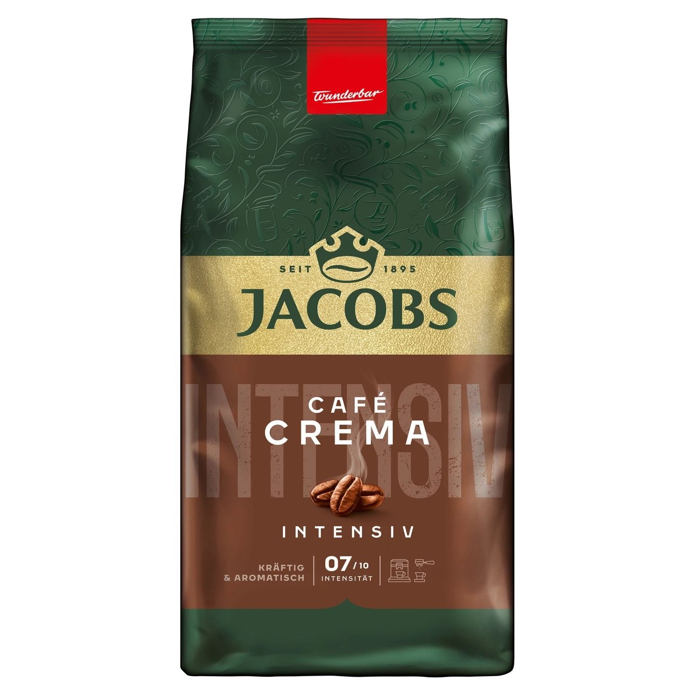 Jacobs Café Crema Intensiv Kaffeepackung mit Kaffeebohnen