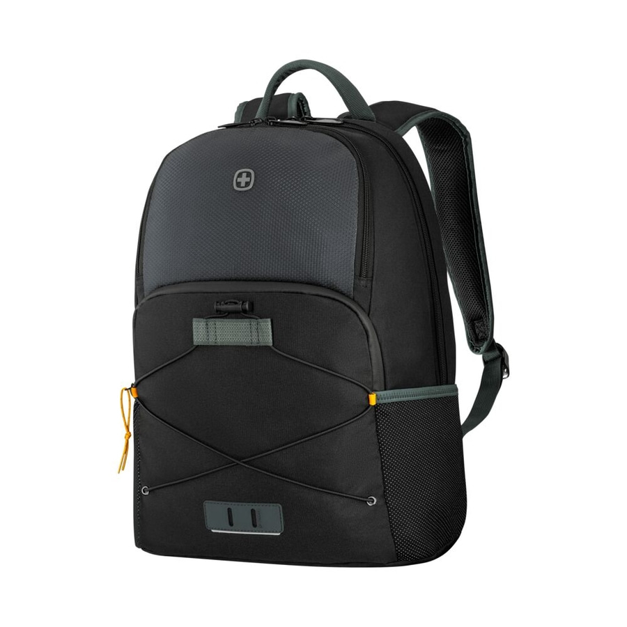 Schwarzer Rucksack mit grauem Akzent und Logo, ideal für den täglichen Gebrauch und Reisen.