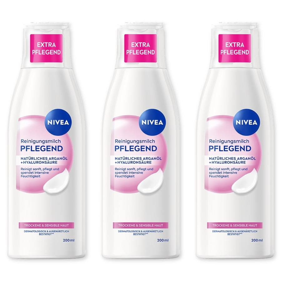 Nivea Reinigungsmilch Pflegend mit Arganöl und Hyaluronsäure für trockene Haut.