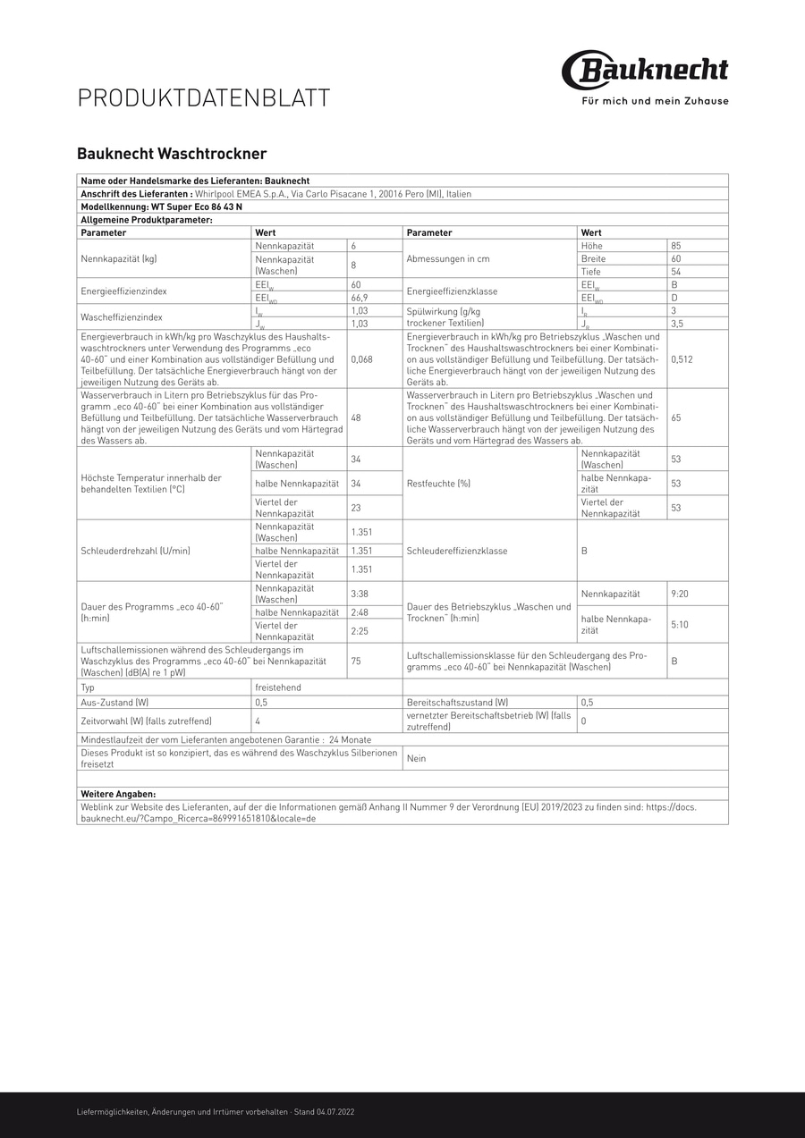 BAUKNECHT Waschtrockner WT Super Eco 86 43 N Frontlader Nachlegefunktion B-WARE