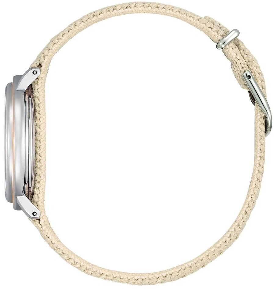Uhr mit beigem Stoffarmband und silbernem Gehäuse, Seitenansicht