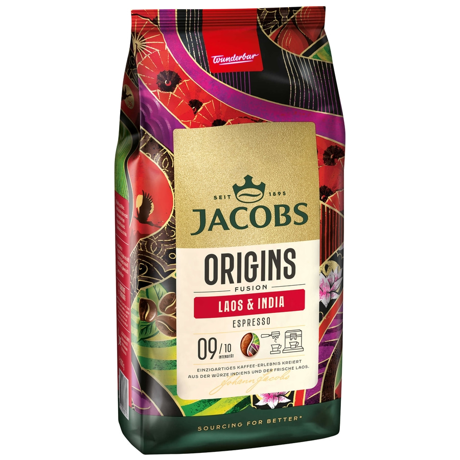 JACOBS Kaffeebohnen Origins Laos & India Espresso ganze Bohne geröstet 4 x 1 kg