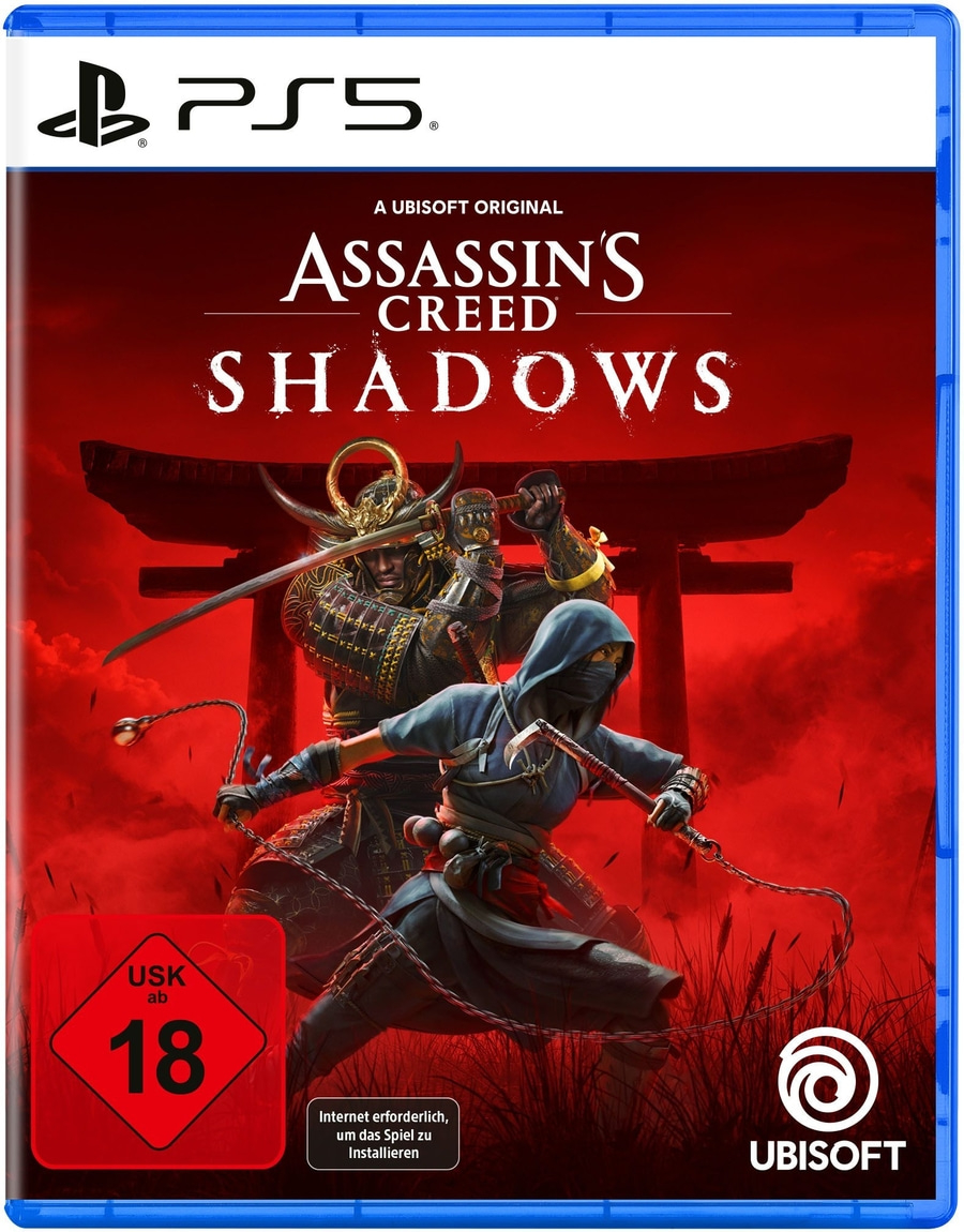 Assassin's Creed Shadows PS5 Spielcover mit USK 18 Logo und Ubisoft Logo.