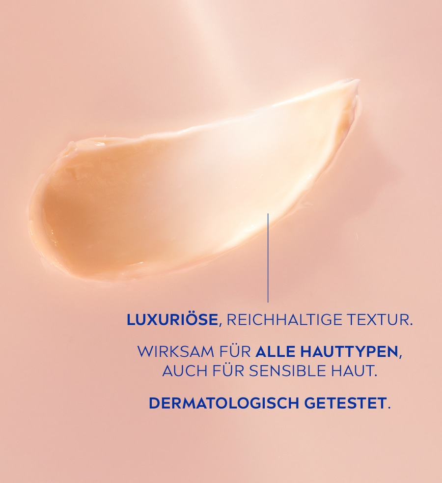 Creme Textur, luxuriös, reichhaltig, für alle Hauttypen, dermatologisch getestet, sensible Haut.