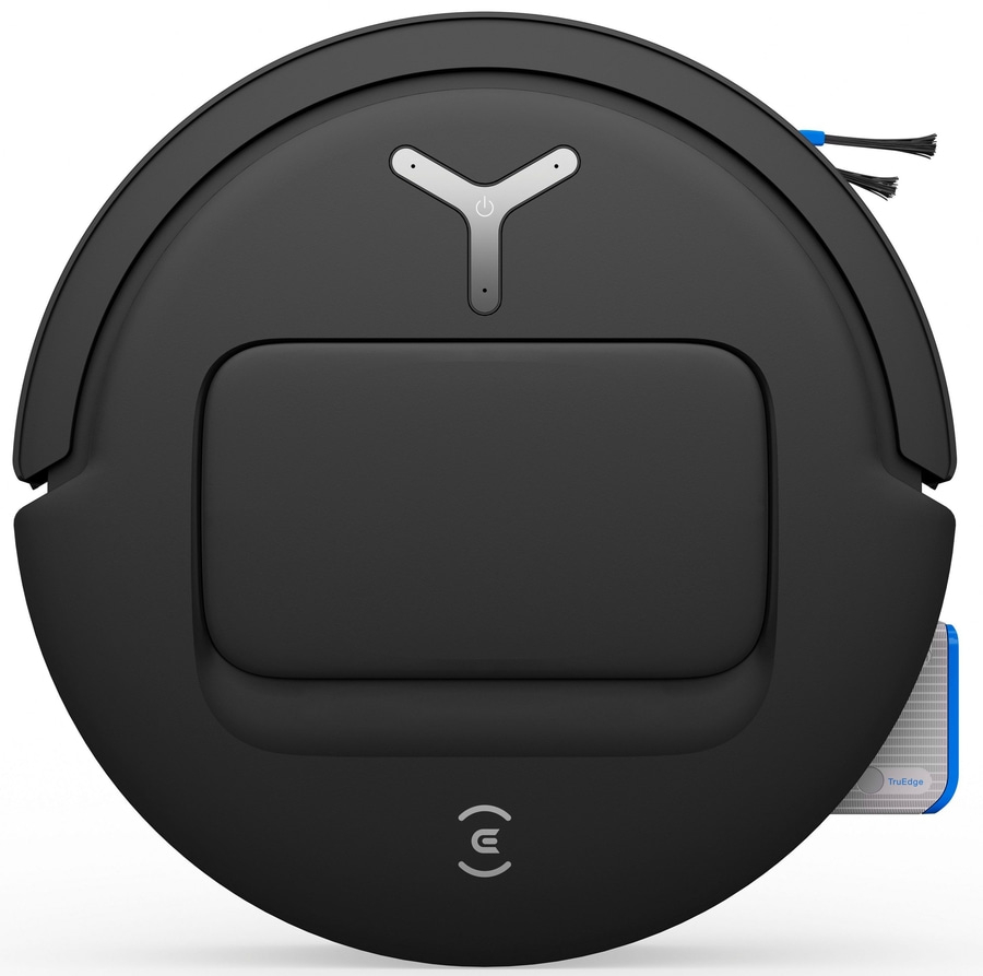 Schwarzer Roboter-Staubsauger mit Bedienfeld und Bürsten, Nahaufnahme, weißer Hintergrund