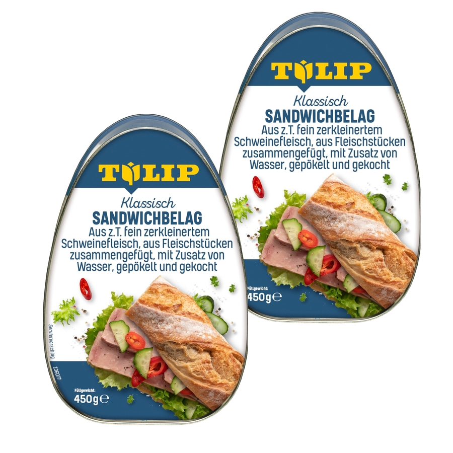 Zwei Dosen Sandwichbelag von Tulip, 450g, Klassisch, mit Text und Abbildung eines Sandwiches.