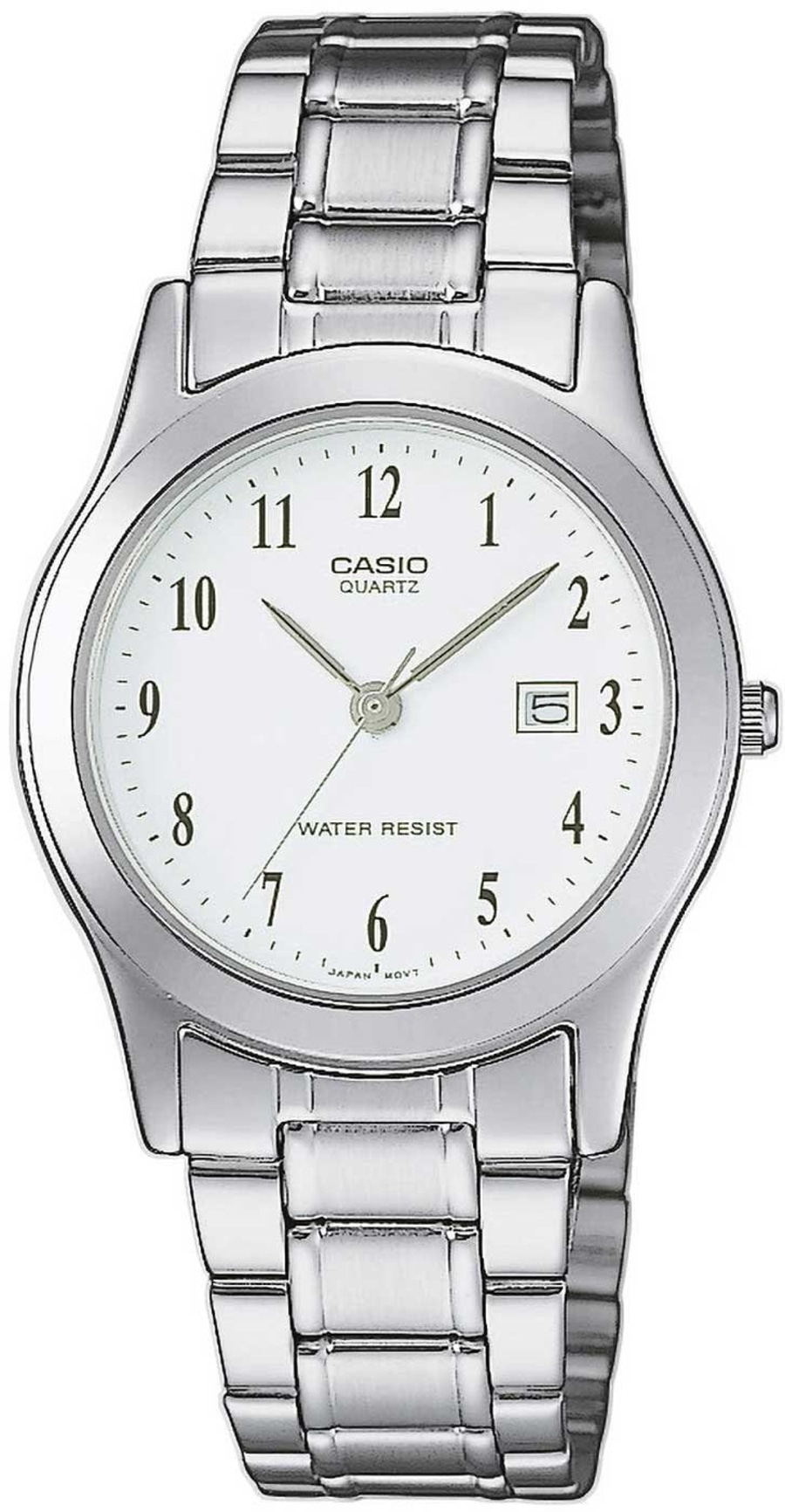 Silberne Casio-Uhr mit weißem Zifferblatt, Datum und japanischem Uhrwerk.
