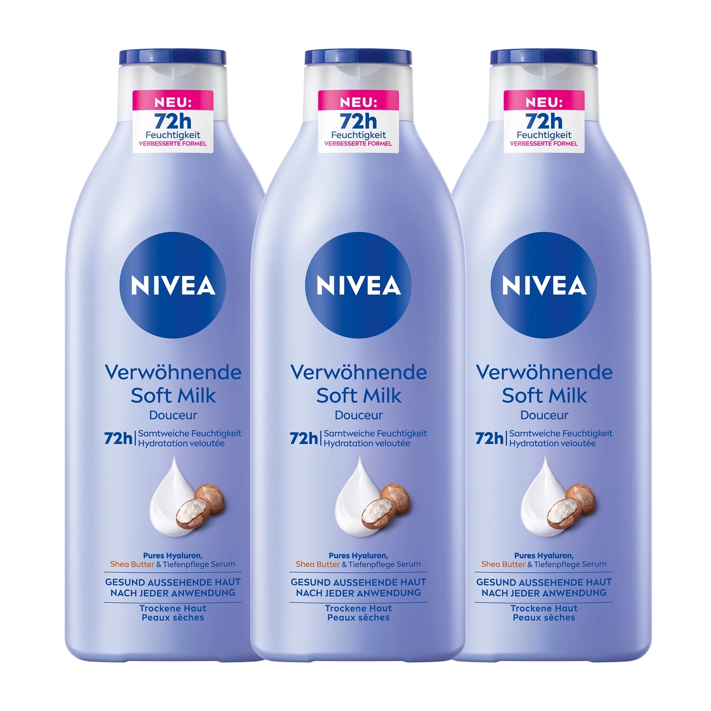 Nivea Soft Milk Flaschen mit 72h Feuchtigkeit, verbesserte Formel für trockene Haut.
