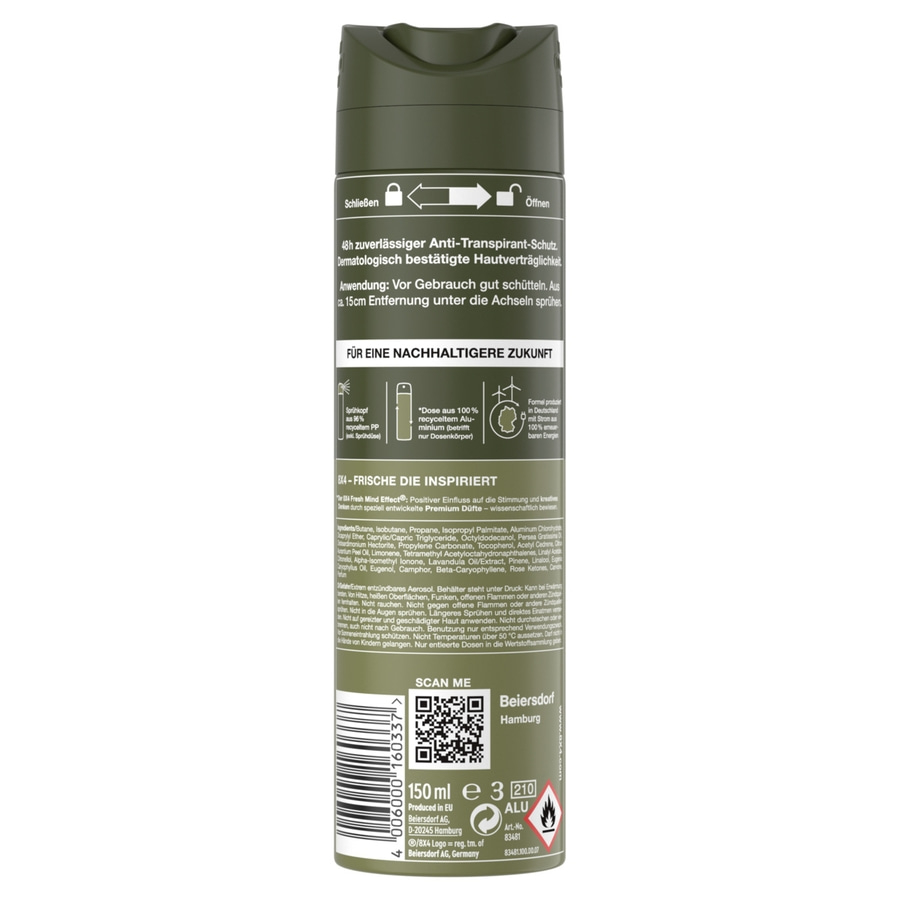 Deodorant-Spray mit Anti-Transpirant-Schutz, 150ml, Beiersdorf, recyceltes Aluminium, Anwendungshinweise
