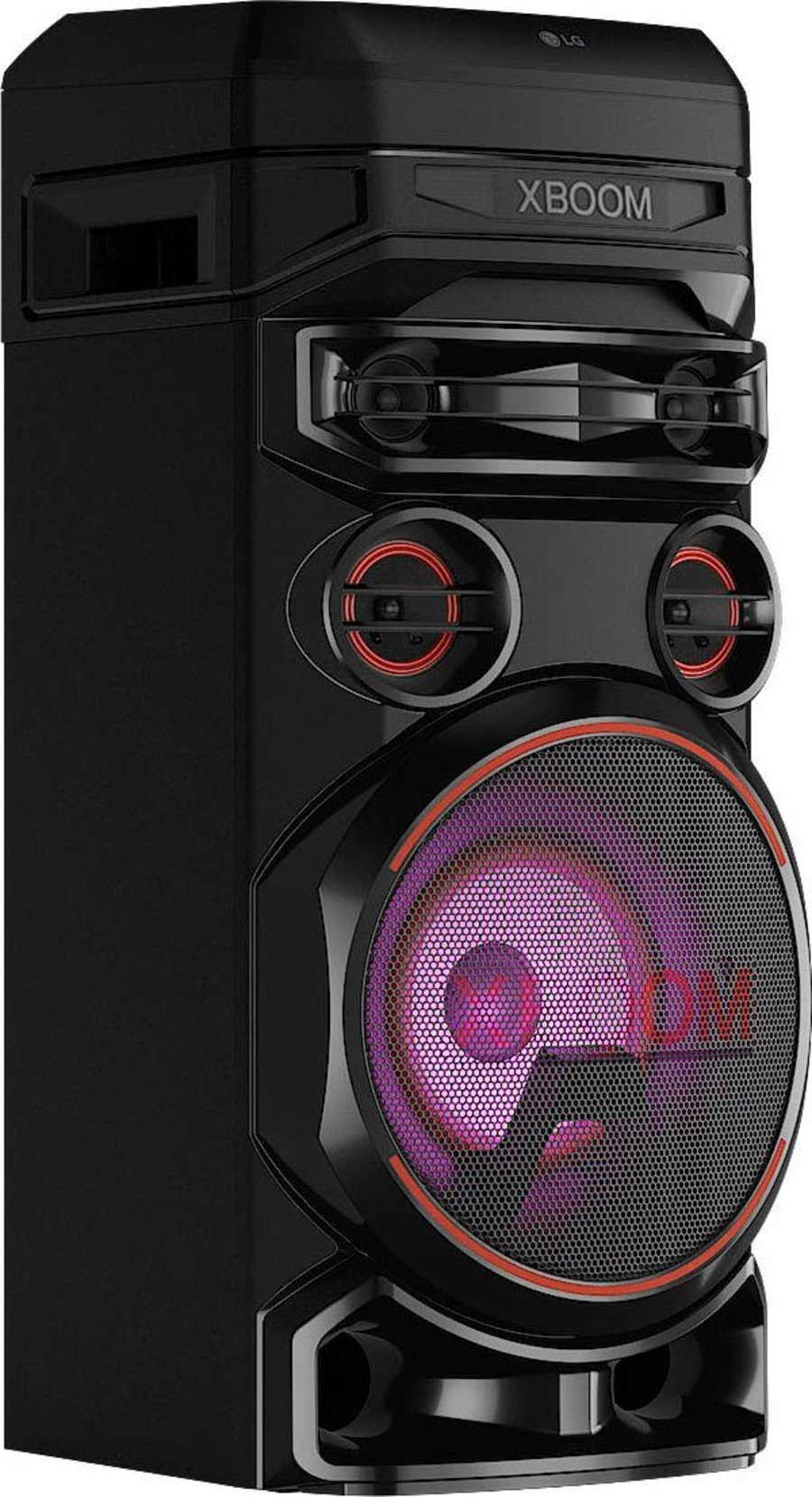 Schwarzer Lautsprecher mit XBOOM-Logo, roter Beleuchtung und Mesh-Gitter, Party-Lautsprecher