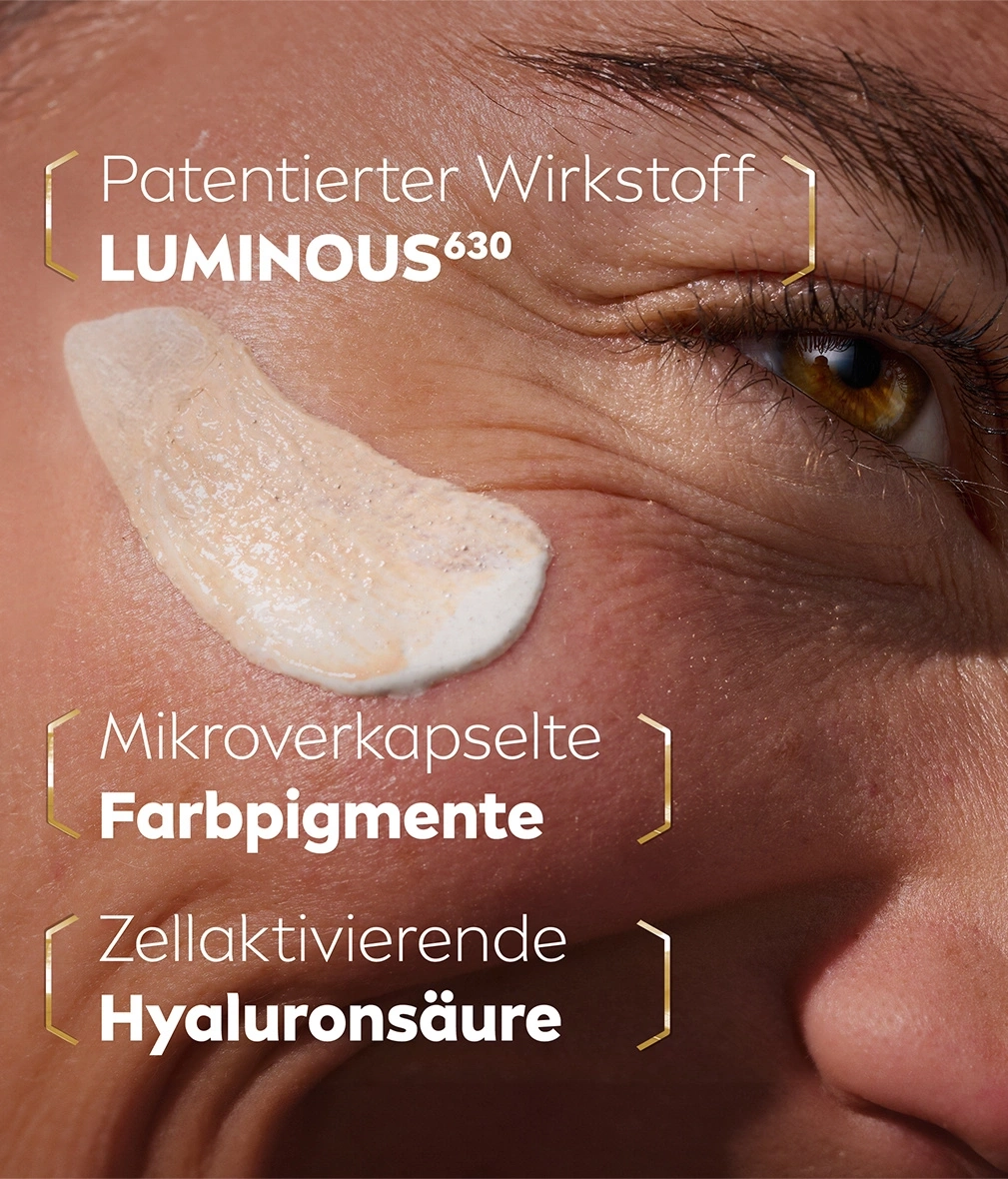 Hautpflegeprodukt mit Wirkstoffen: Luminous630, Farbpigmente, Hyaluronsäure. Nahaufnahme.