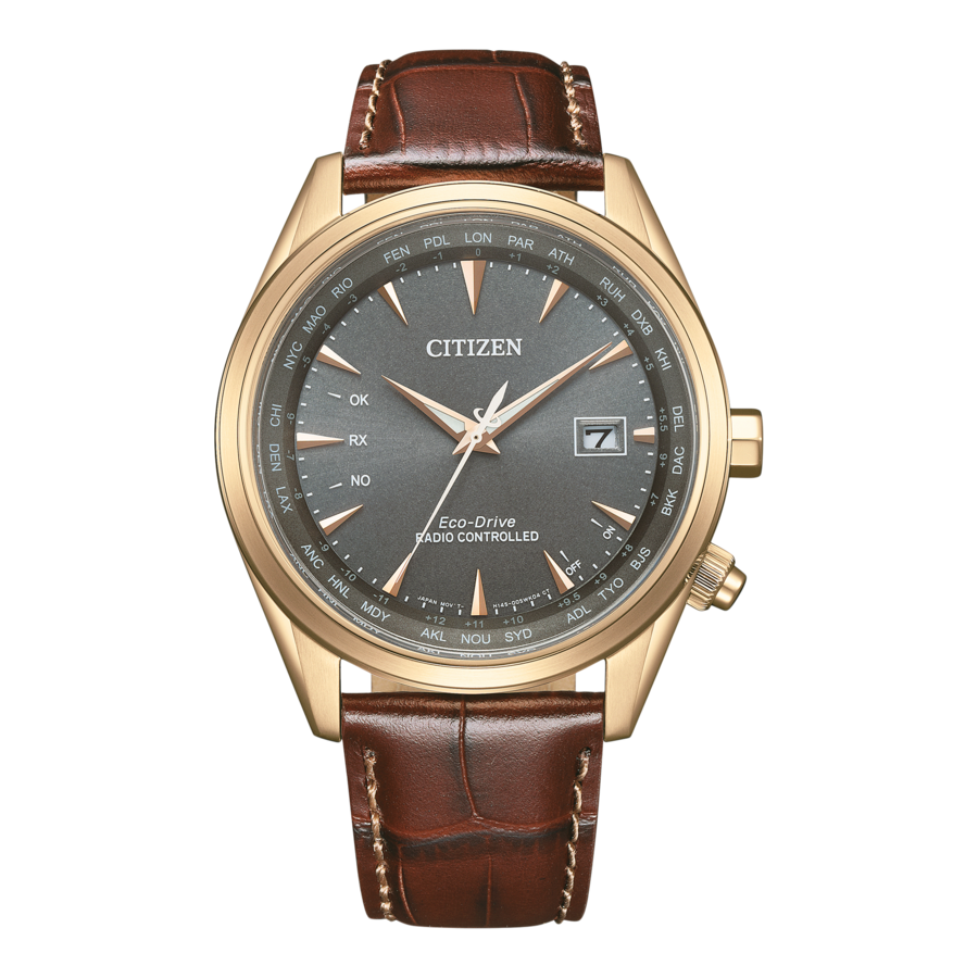 Citizen-Uhr mit braunem Lederarmband und goldfarbenem Gehäuse, Eco-Drive-Technologie.