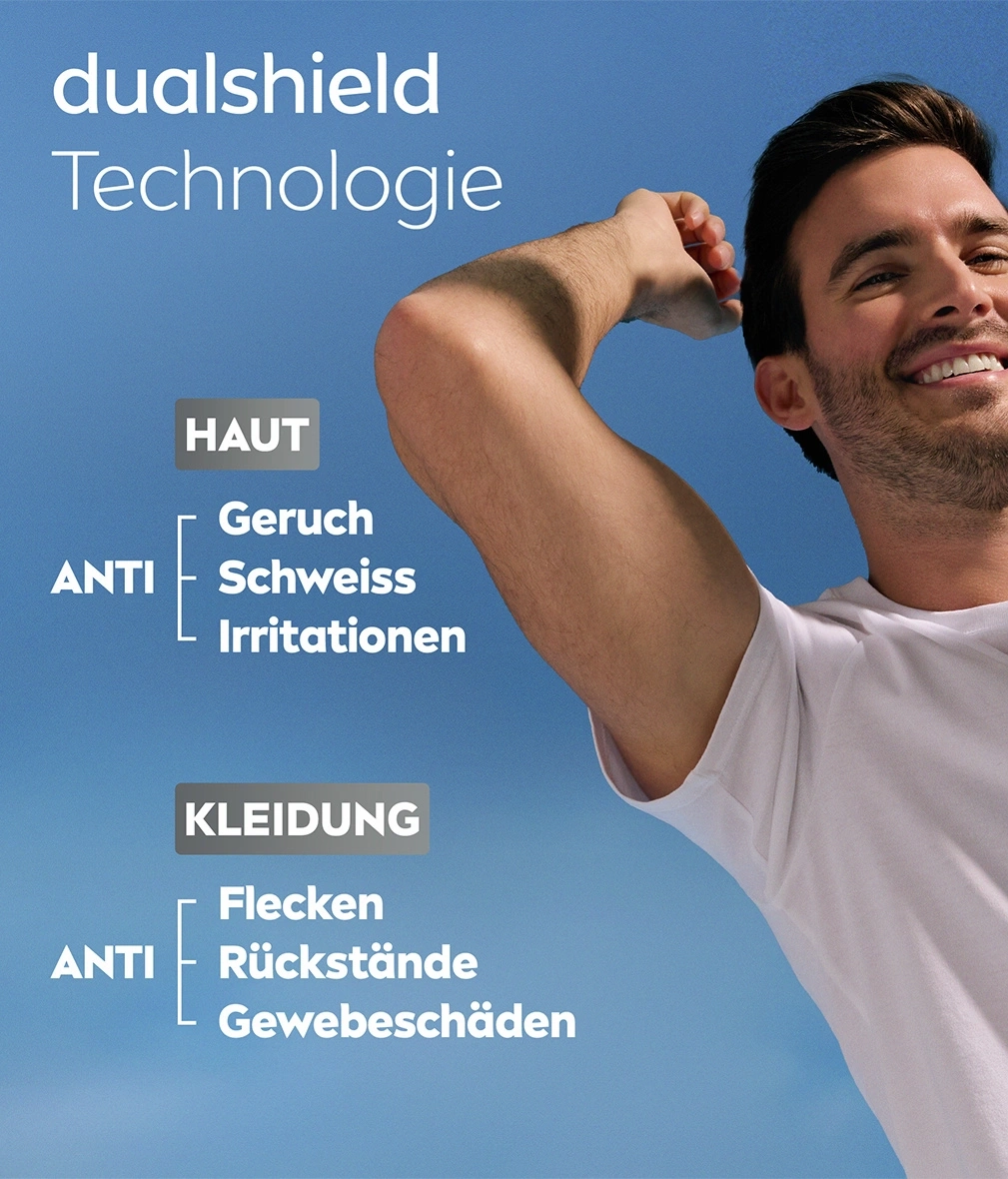 Mann mit dualshield Technologie für Haut und Kleidung