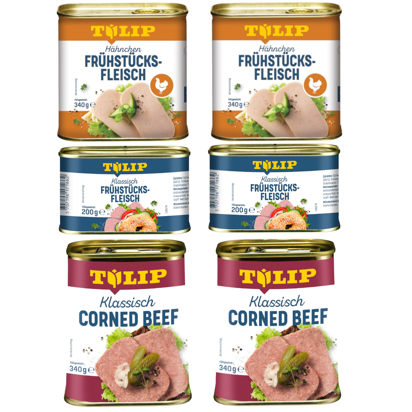 TULIP Bundle 2x 340g Corned Beef 340g Hähnchen 2x 200g Schwein Frühstücksfleisch