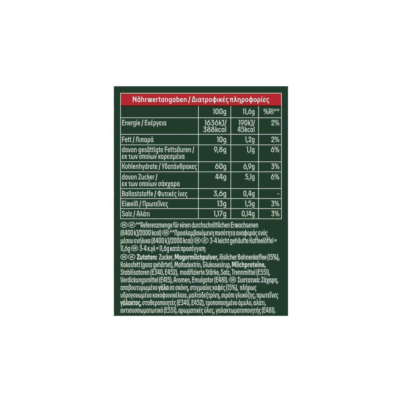 Nährwertangaben für ein Lebensmittelprodukt in deutscher und griechischer Sprache.
