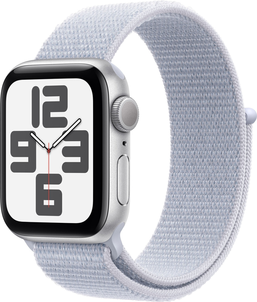 Apple Watch mit hellblauem Armband, Nahaufnahme, elegant
