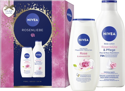 NIVEA Rosenliebe 2 x Geschenkset, Rose & Almond Oil Pflegedusche + Rosenblüten