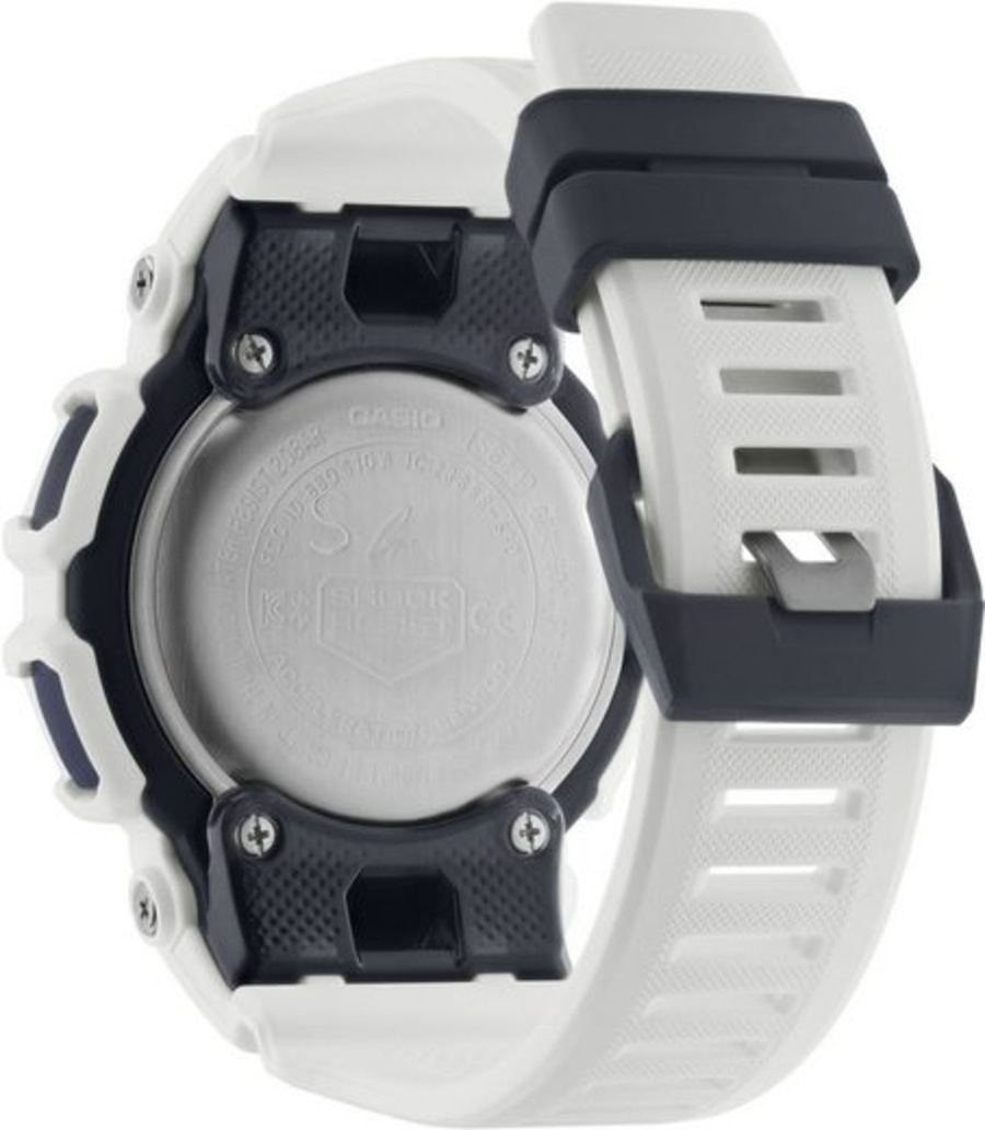 Weiße Uhr mit schwarzem Armband und Casio-Logo auf der Rückseite.