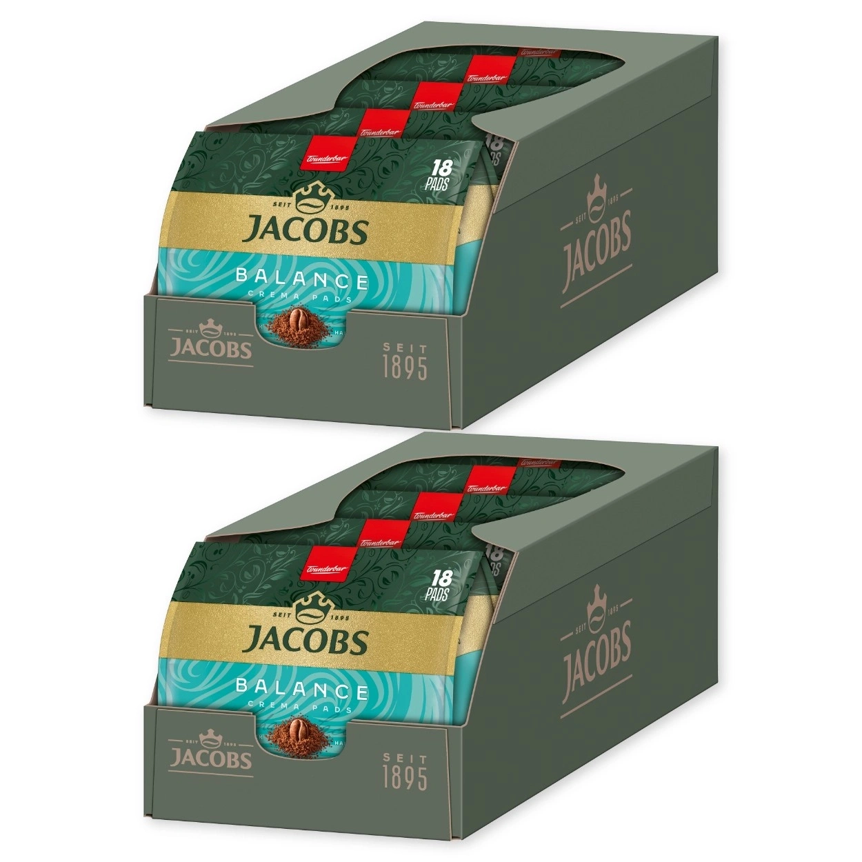 Zwei Spender mit Jacobs Balance Crema Pads, jeweils 18 Stück