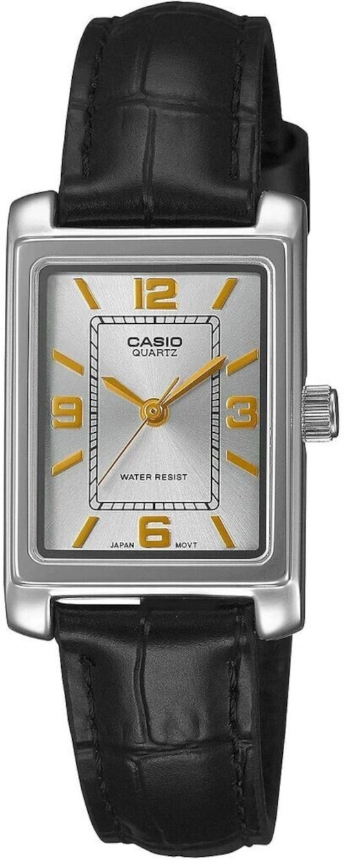 Eine Casio Quarzuhr mit silbernem Zifferblatt und schwarzem Lederarmband.