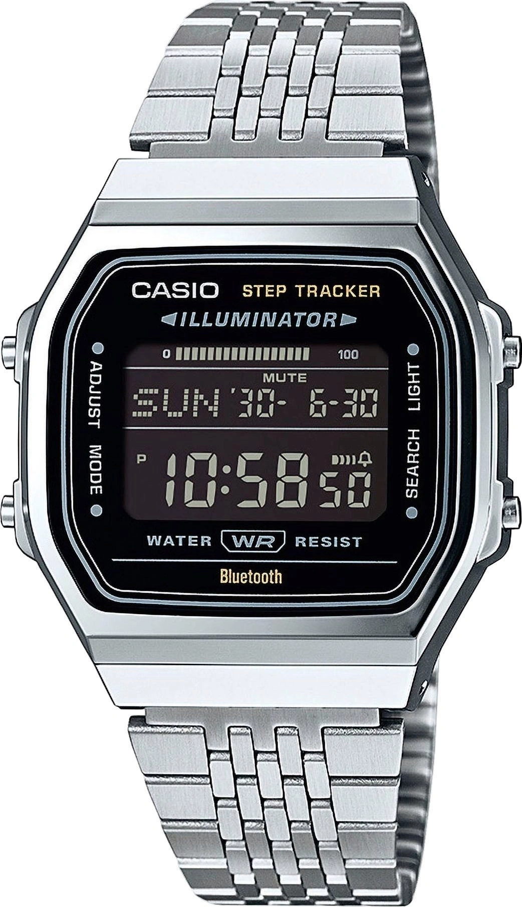 Ein silbernes Casio Step Tracker Bluetooth-Uhrenarmband mit digitaler Anzeige.