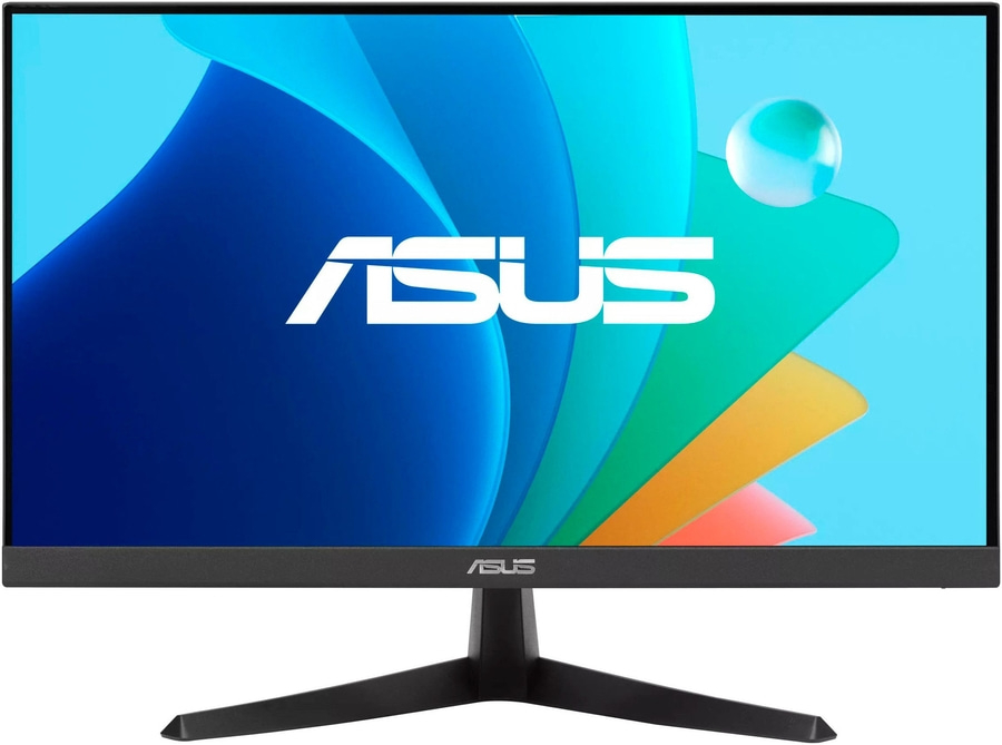 ASUS-Monitor mit blauem Hintergrund und bunten Akzenten, schwarzer Rahmen und Standfuß.