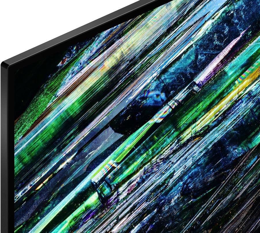 Abstraktes Kunstwerk mit grünen, blauen und gelben diagonalen Linien auf einem Bildschirm.