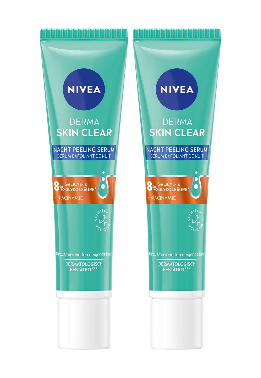 Zwei Tuben Nivea Derma Skin Clear Nacht Peeling Serum für unreine Haut.