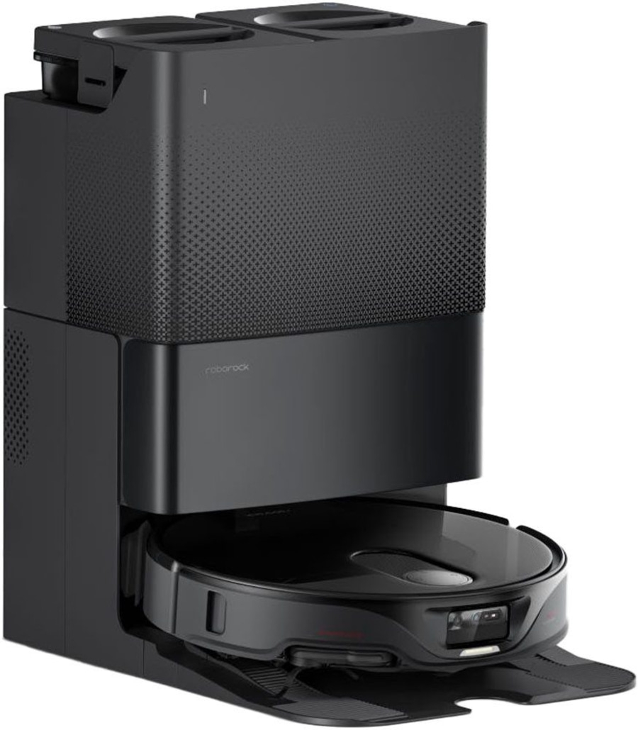 Schwarzer Roboter-Staubsauger mit Ladestation, Roborock-Logo, modernes Design