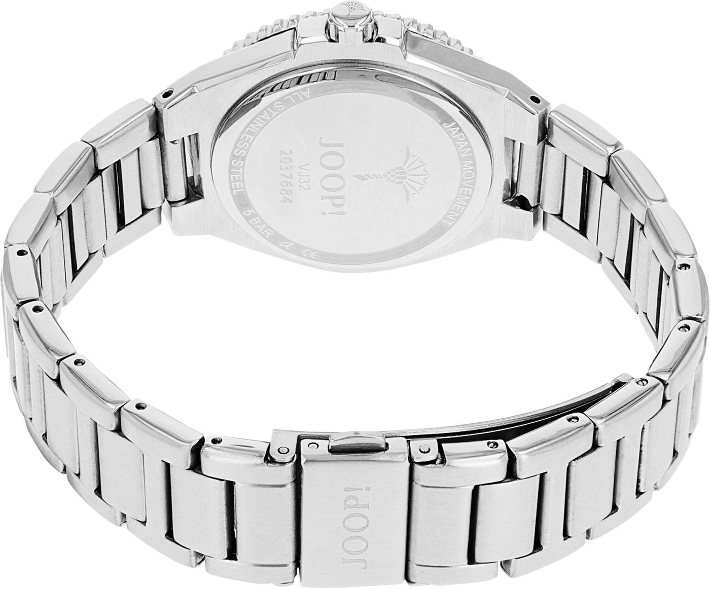 Schriftzug JOOP auf dem
Armband einer silbernen Uhr.