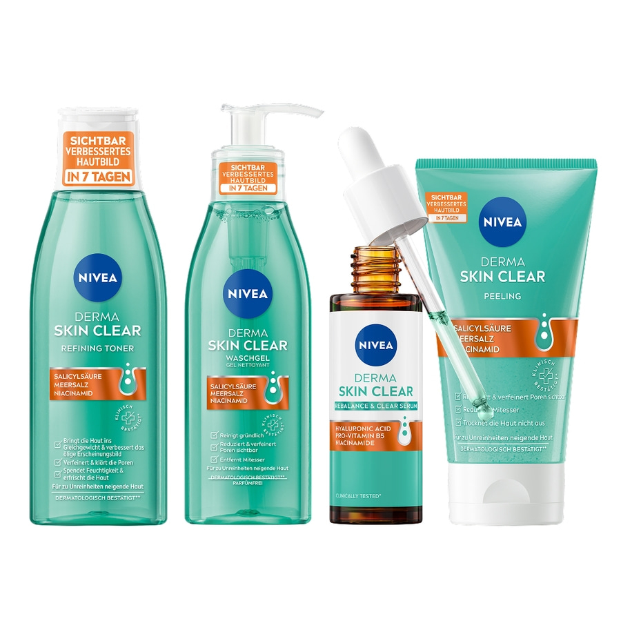 Nivea Derma Skin Clear Hautpflegeprodukte: Toner, Waschgel, Serum und Peeling.