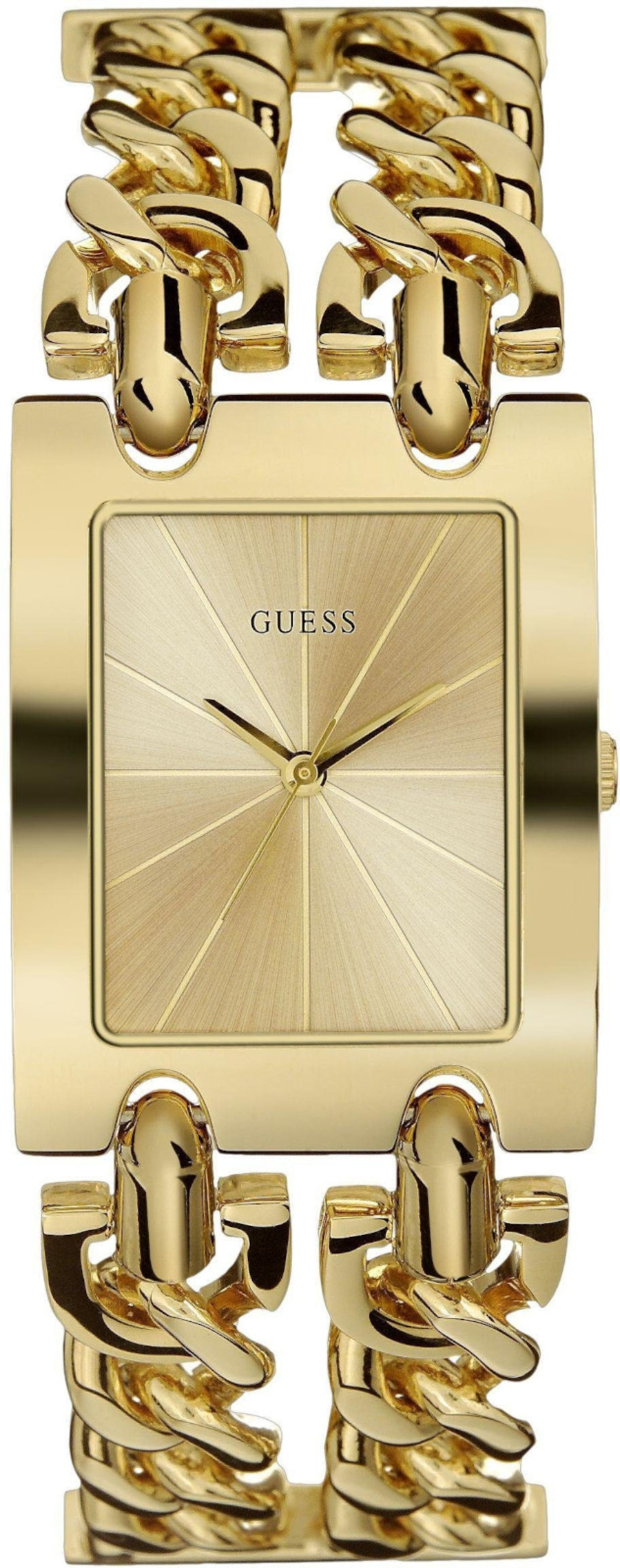 Goldene Guess-Uhr mit quadratischem Zifferblatt und goldenem Armband.