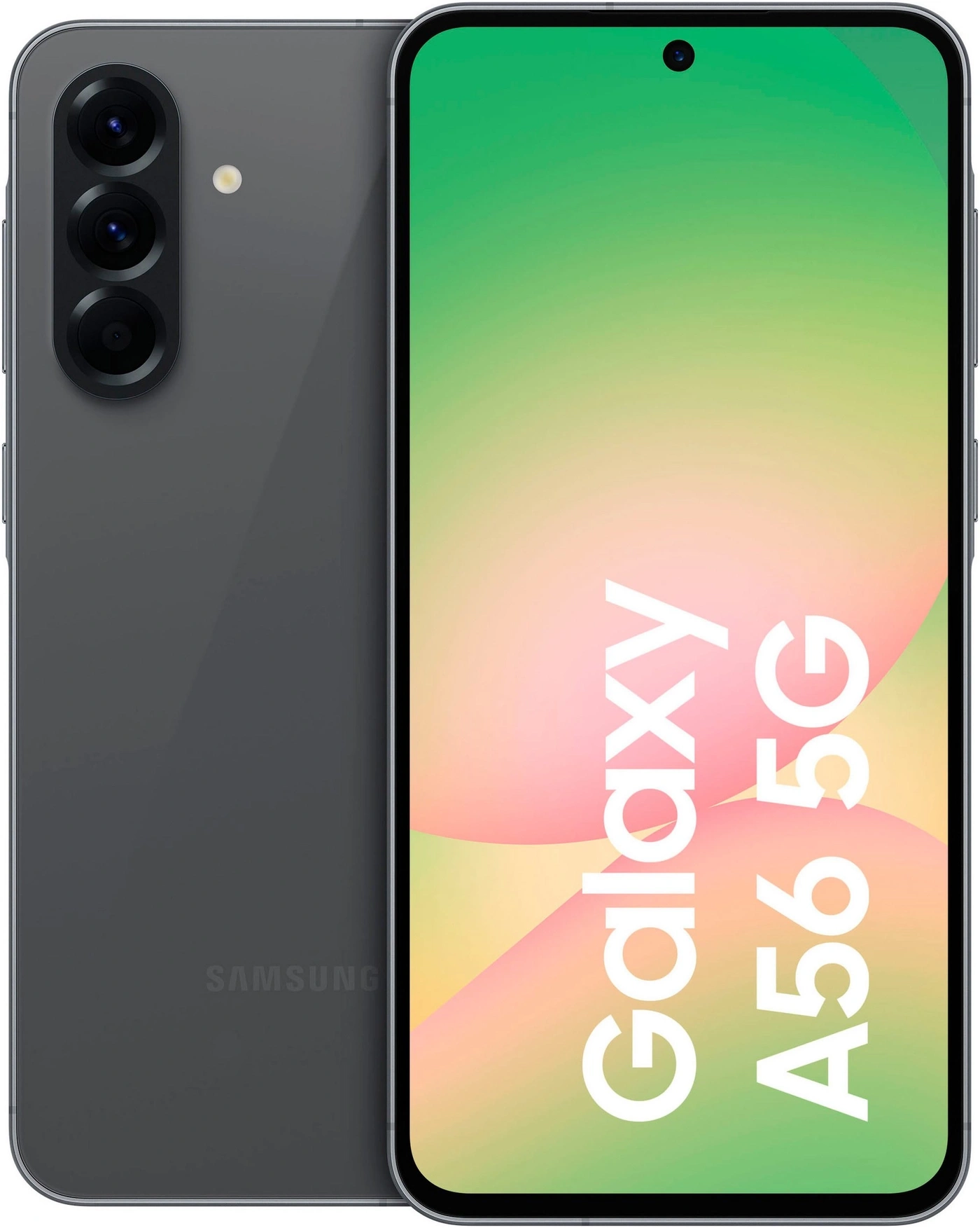 Samsung Galaxy A56 5G Smartphone mit drei Kameras auf der Rückseite und hellem Bildschirm