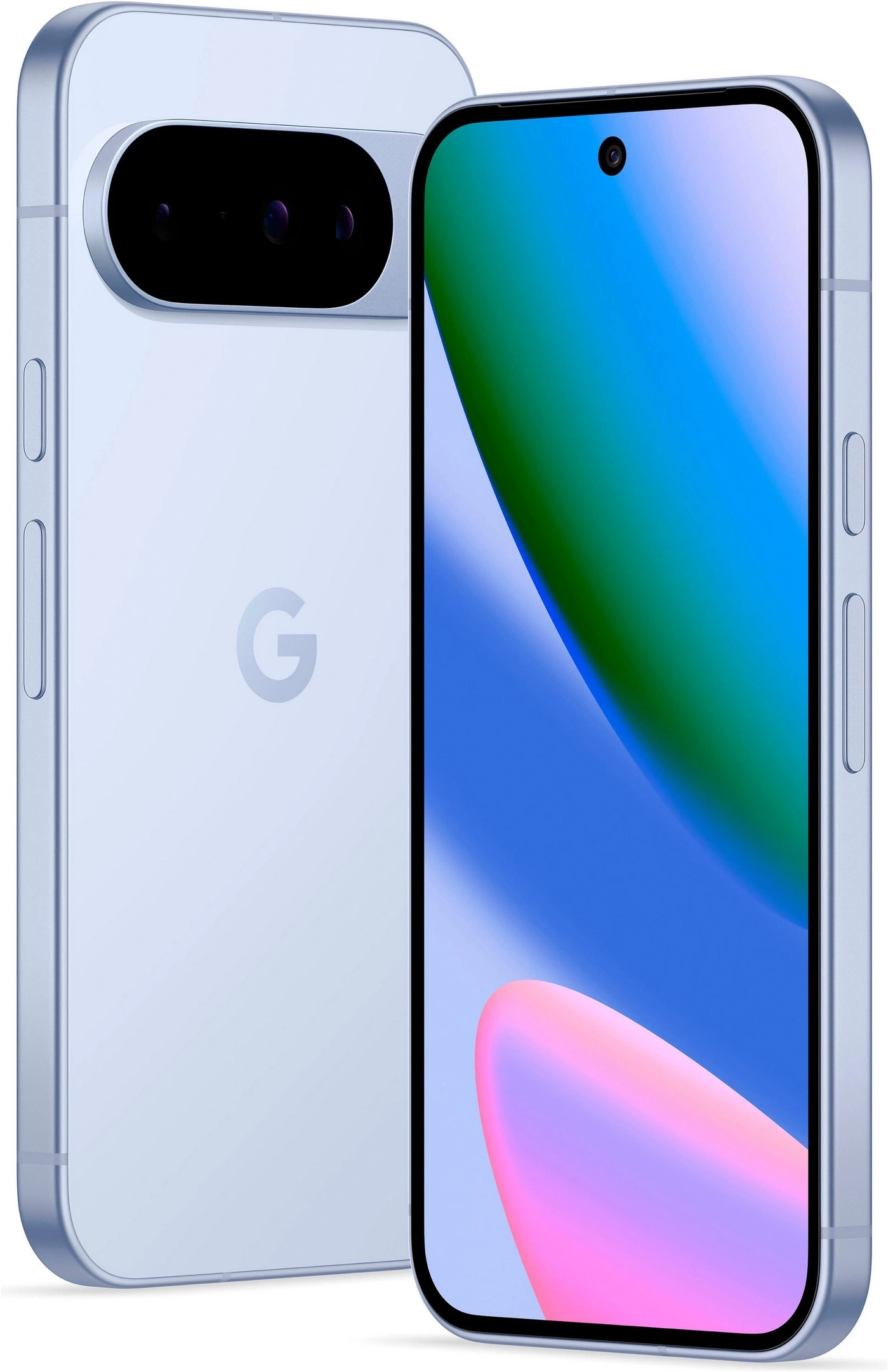 Ein hellblaues Google Smartphone mit Kameralinse und leuchtendem Bildschirm.