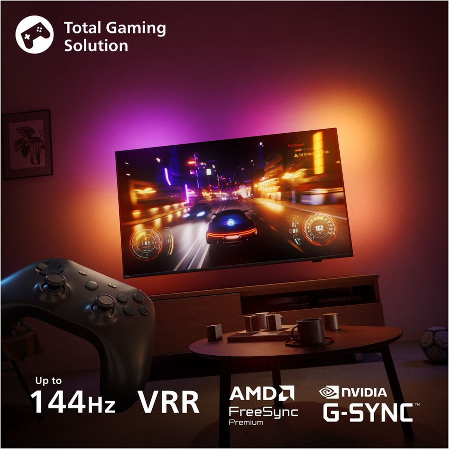 Gaming-Fernseher mit Controller, 144Hz, VRR, AMD FreeSync, NVIDIA G-SYNC, Total Gaming Solution.