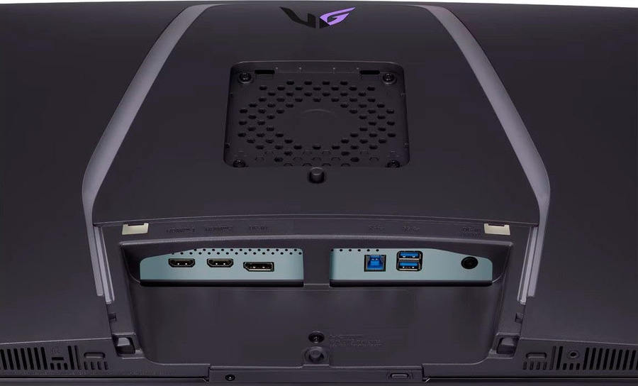 Rückseite eines schwarzen Monitors mit Anschlüssen und Logo.