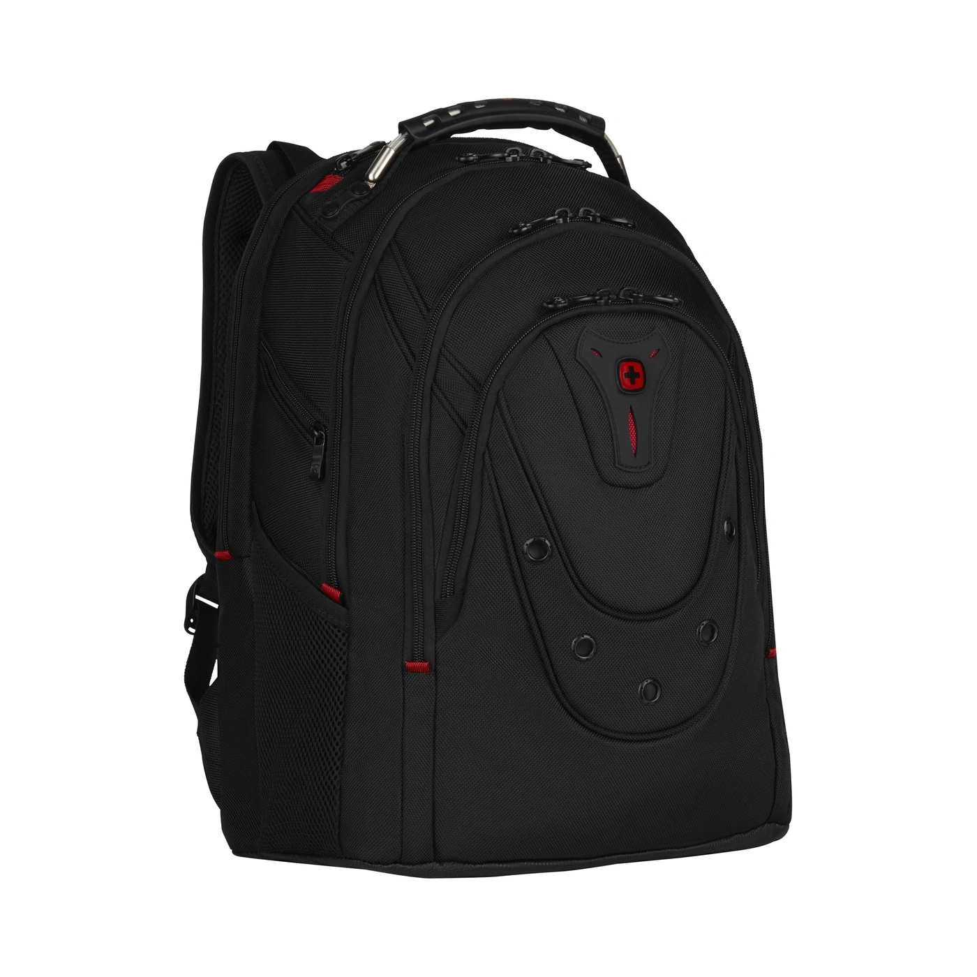 Schwarzer Rucksack mit roten Akzenten und Schweizer Kreuz-Logo