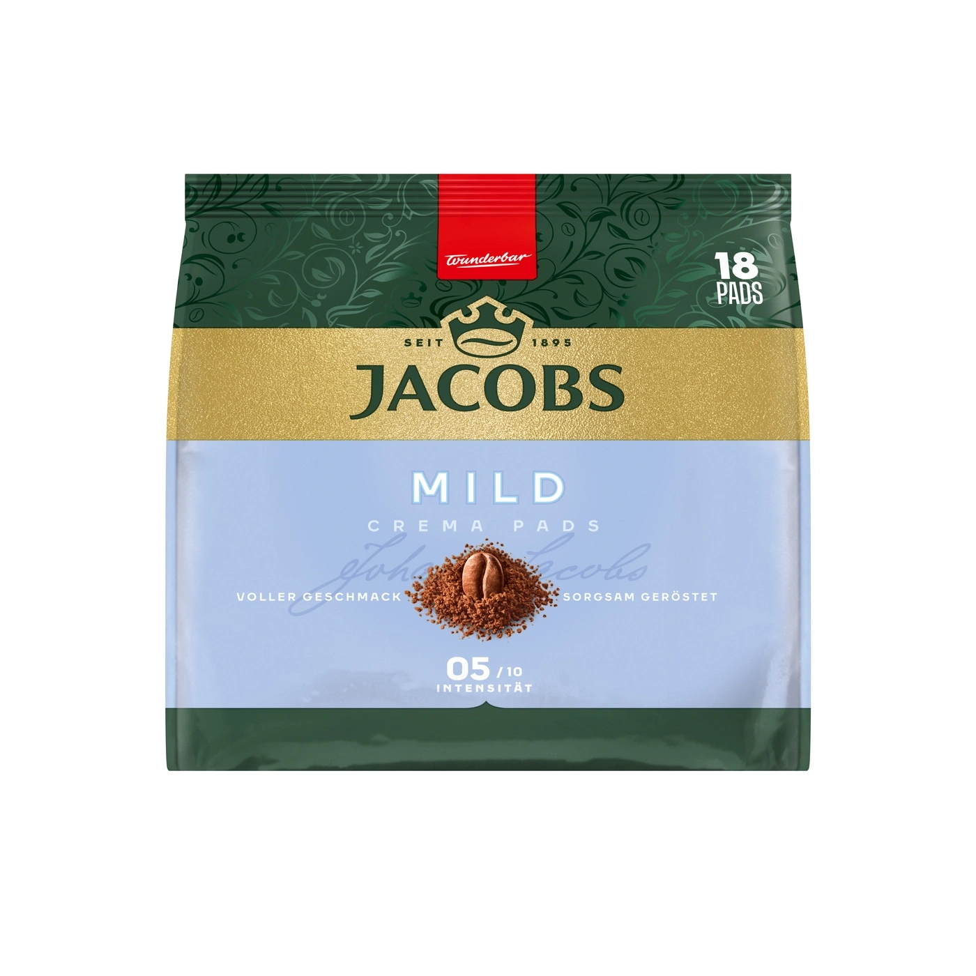 Jacobs MILD Crema Pads: 18 Pads mit vollem Geschmack, Kaffeebohnen-Muster