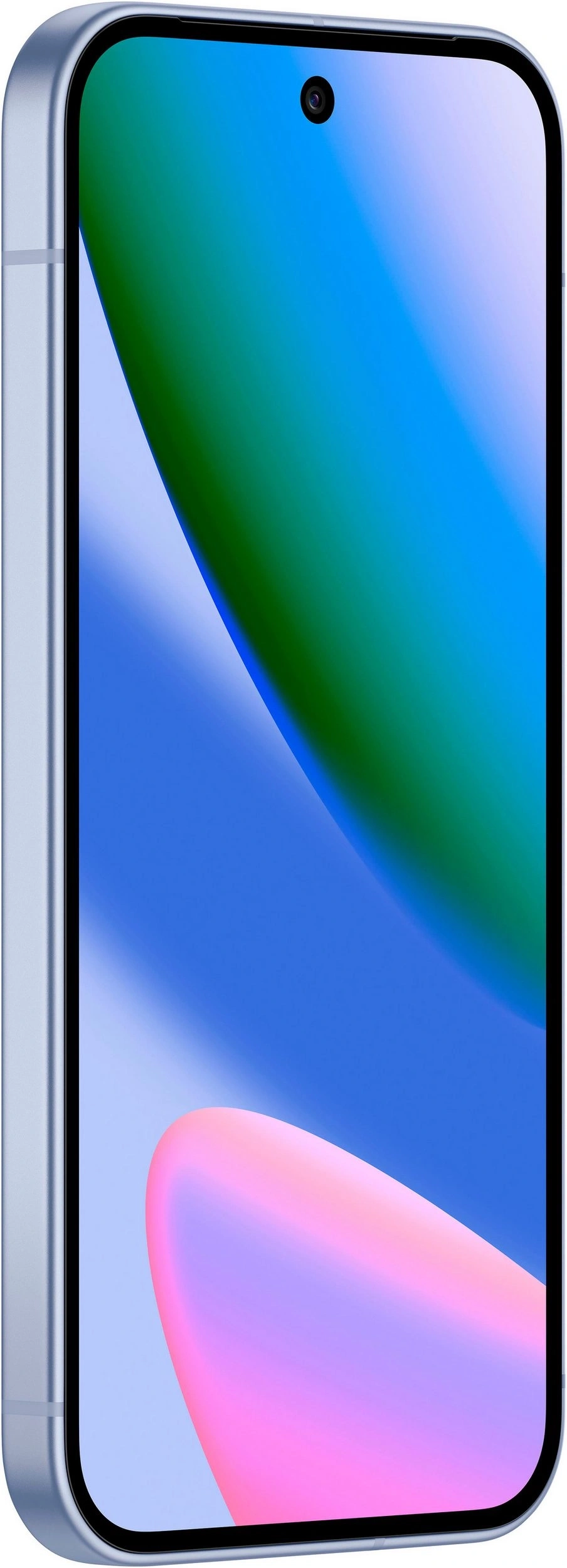 Ein hellblaues Smartphone mit einem abstrakten Wallpaper in Grün und Blau.