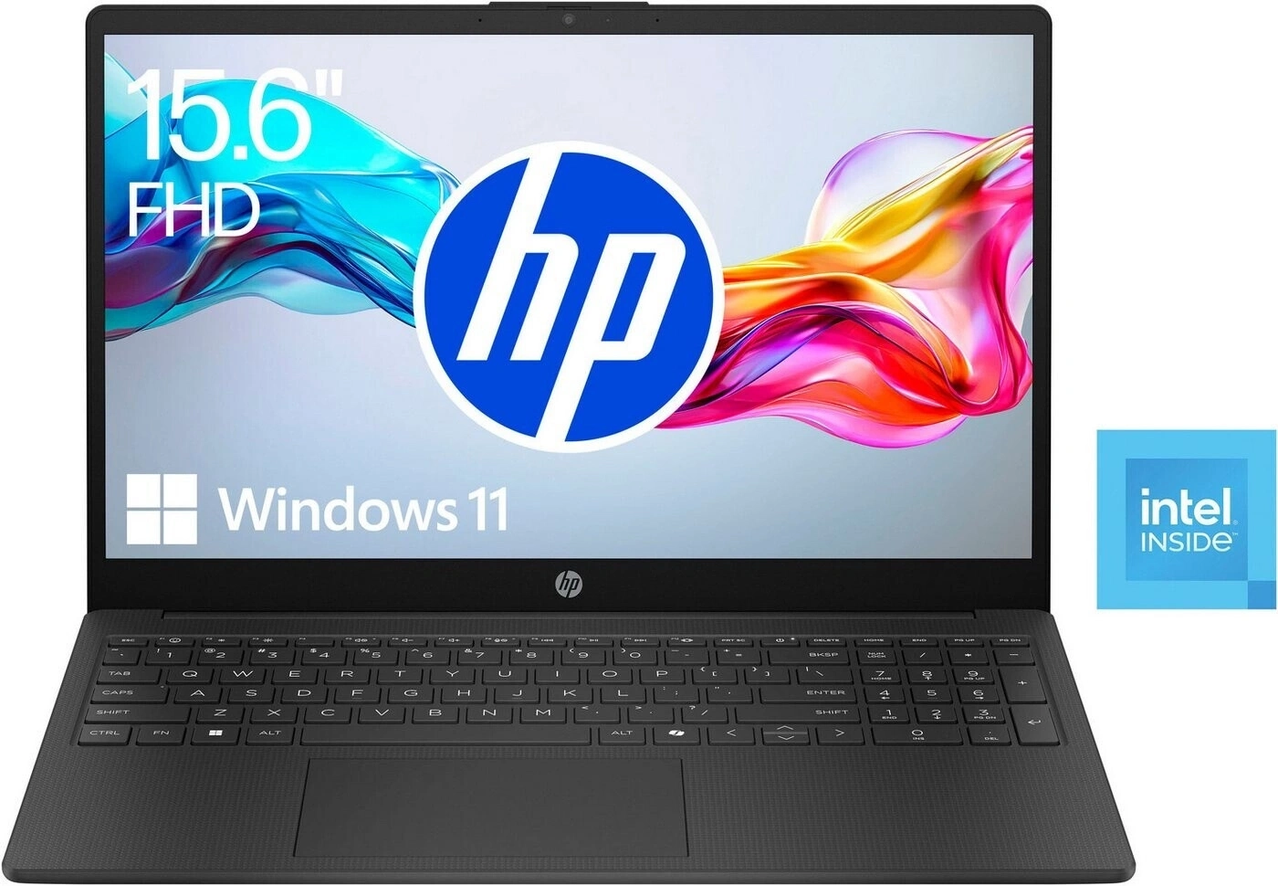 Ein schwarzer HP Laptop mit Windows 11 und Intel Inside Aufkleber.
