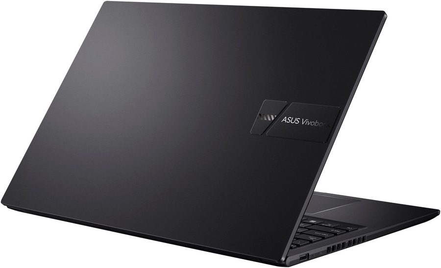 Schwarzer Laptop mit ASUS Vivobook-Logo, diagonale Ansicht, elegante Technologie