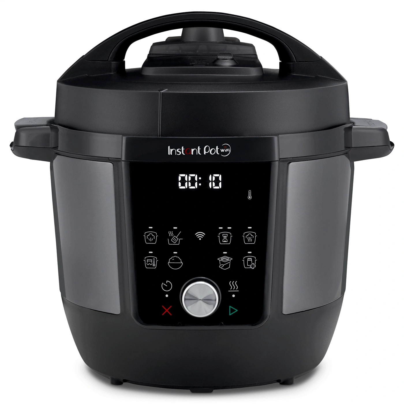 Schwarzer Instant Pot mit digitaler Anzeige und Kochsymbolen