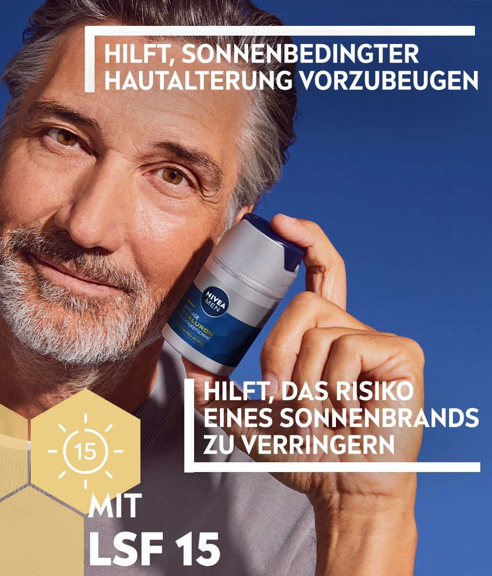 Mann hält Nivea Men Creme. Hilft gegen Hautalterung und Sonnenbrand. LSF 15.