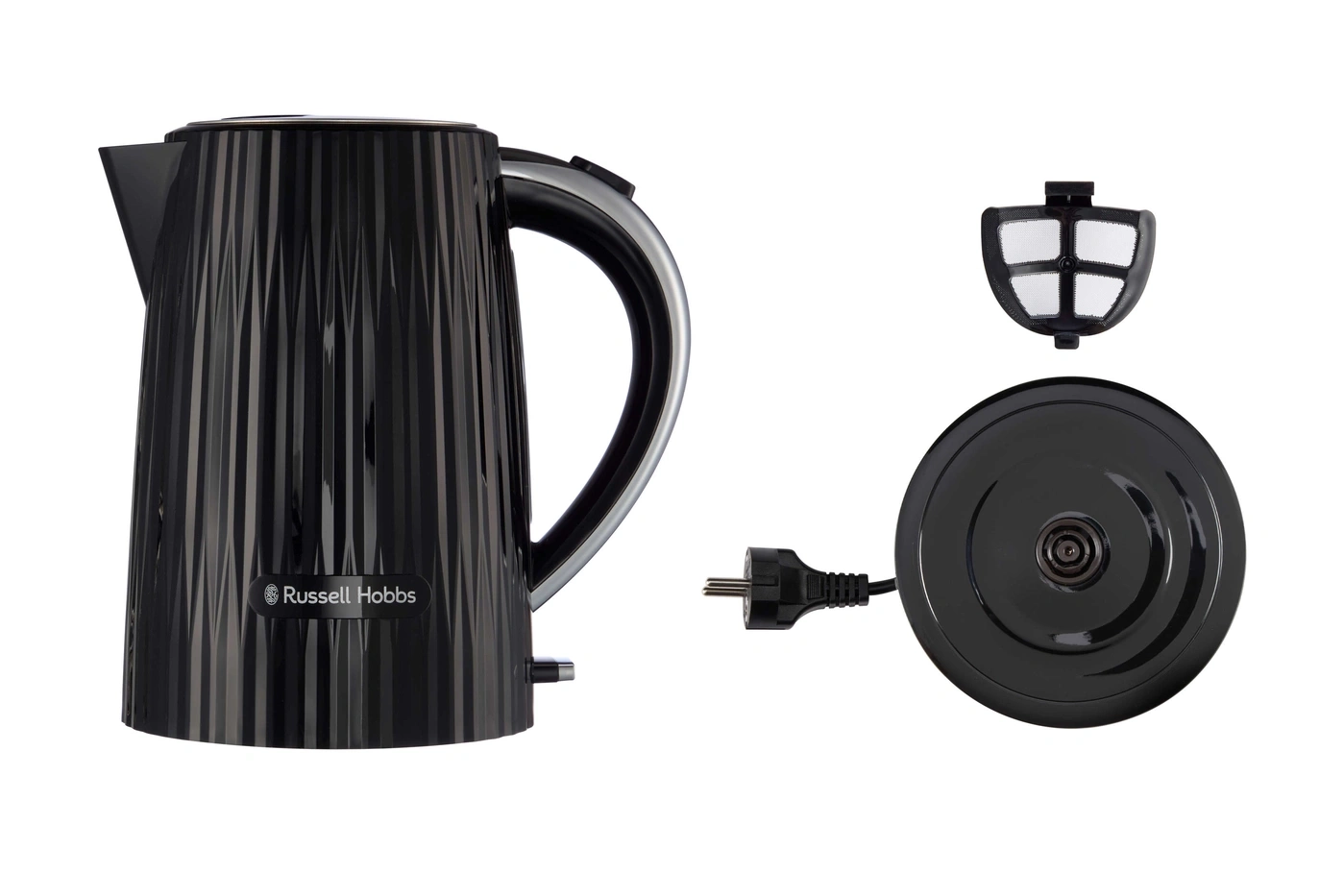 Schwarzer Wasserkocher mit Filter und Basis, Russell Hobbs, isoliert