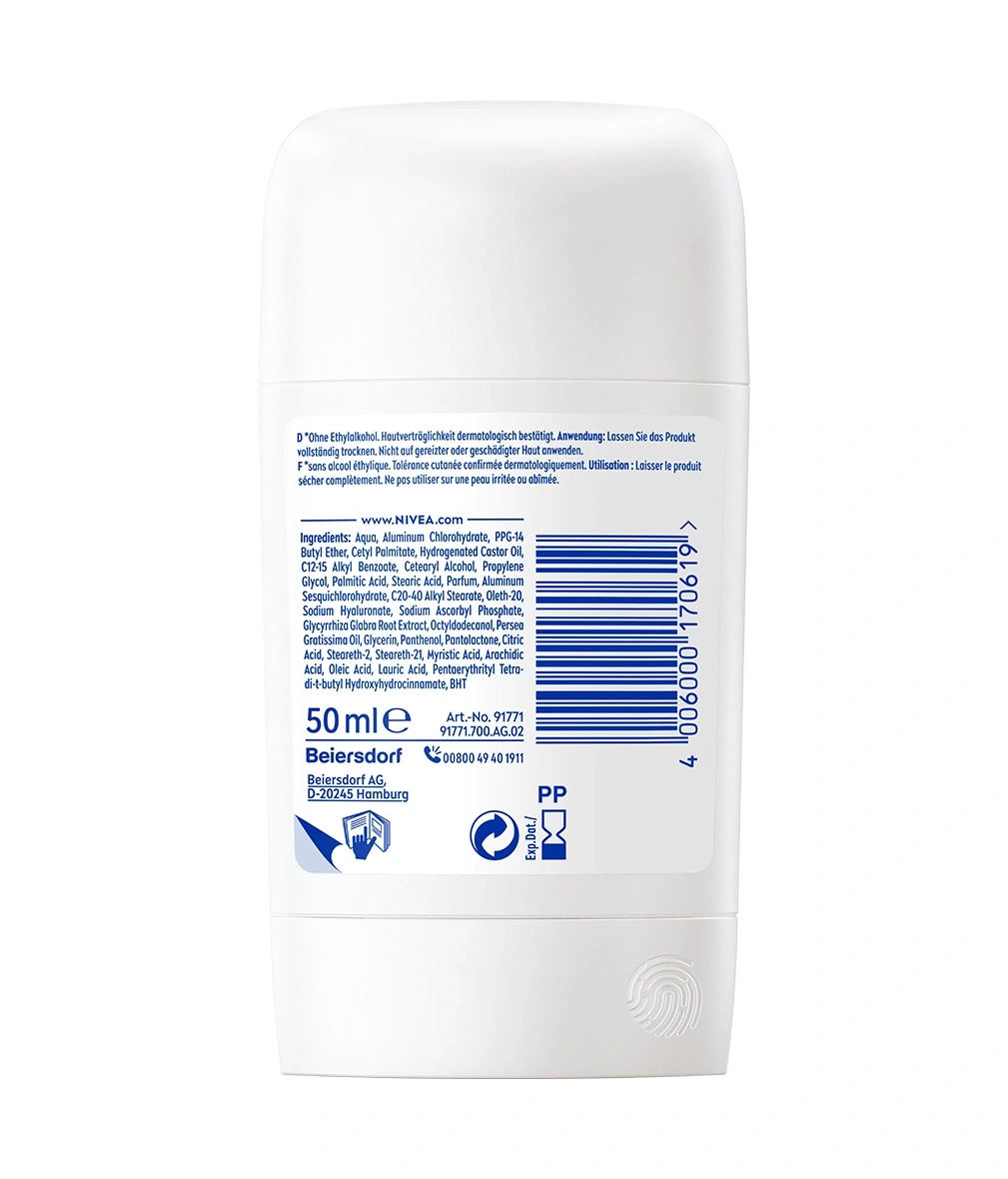 Nivea Deostick mit Inhaltsstoffen, Volumen und Barcode