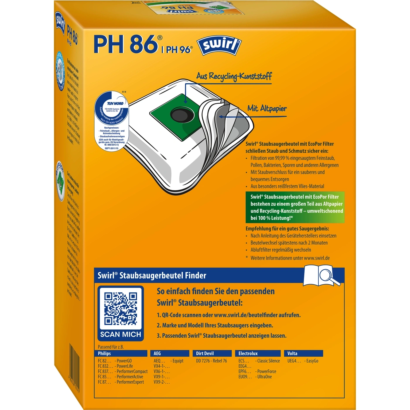 Swirl Staubsaugerbeutel Packung mit Produktinformationen und Markenlogos, gelber Hintergrund.