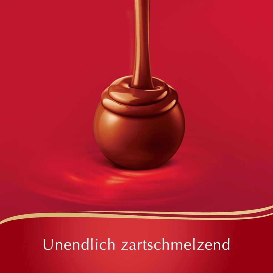 Schokoladenkugel mit fließender Schokolade und dem Text Unendlich zartschmelzend