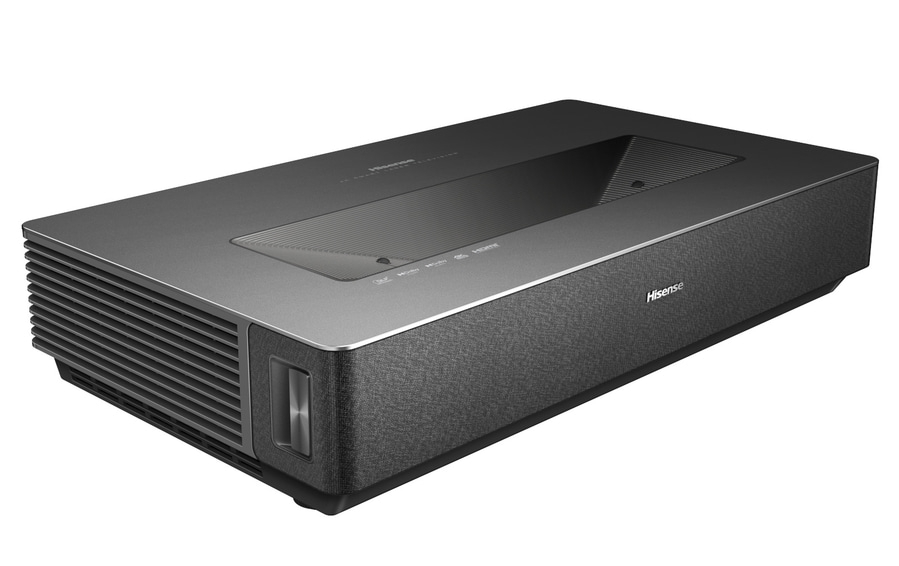 Hisense-Laserprojektor, grau, rechteckig, mit Lautsprecher und HDMI-Anschlüssen