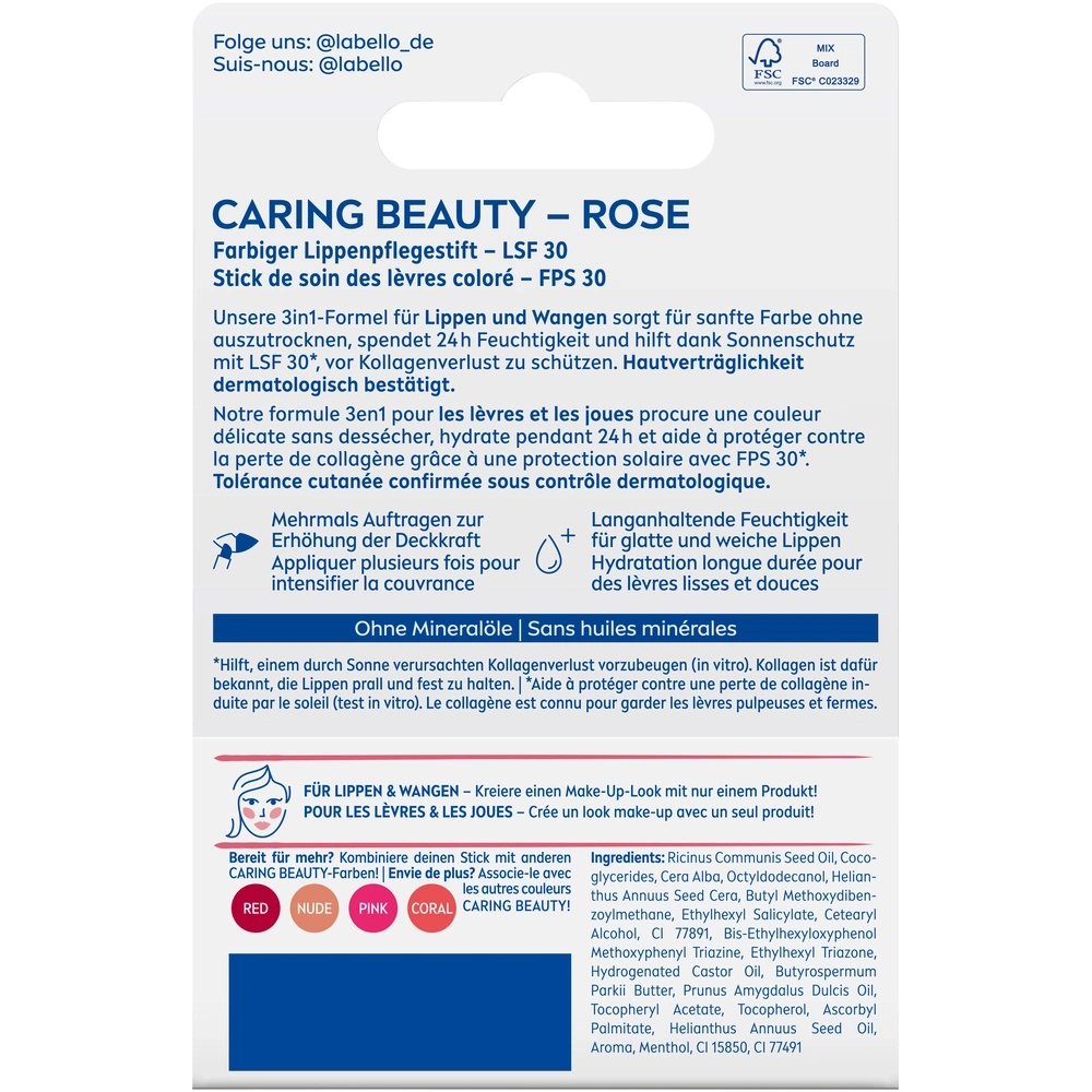 Farbiger Lippenpflegestift mit LSF 30 in der Nuance Rose.